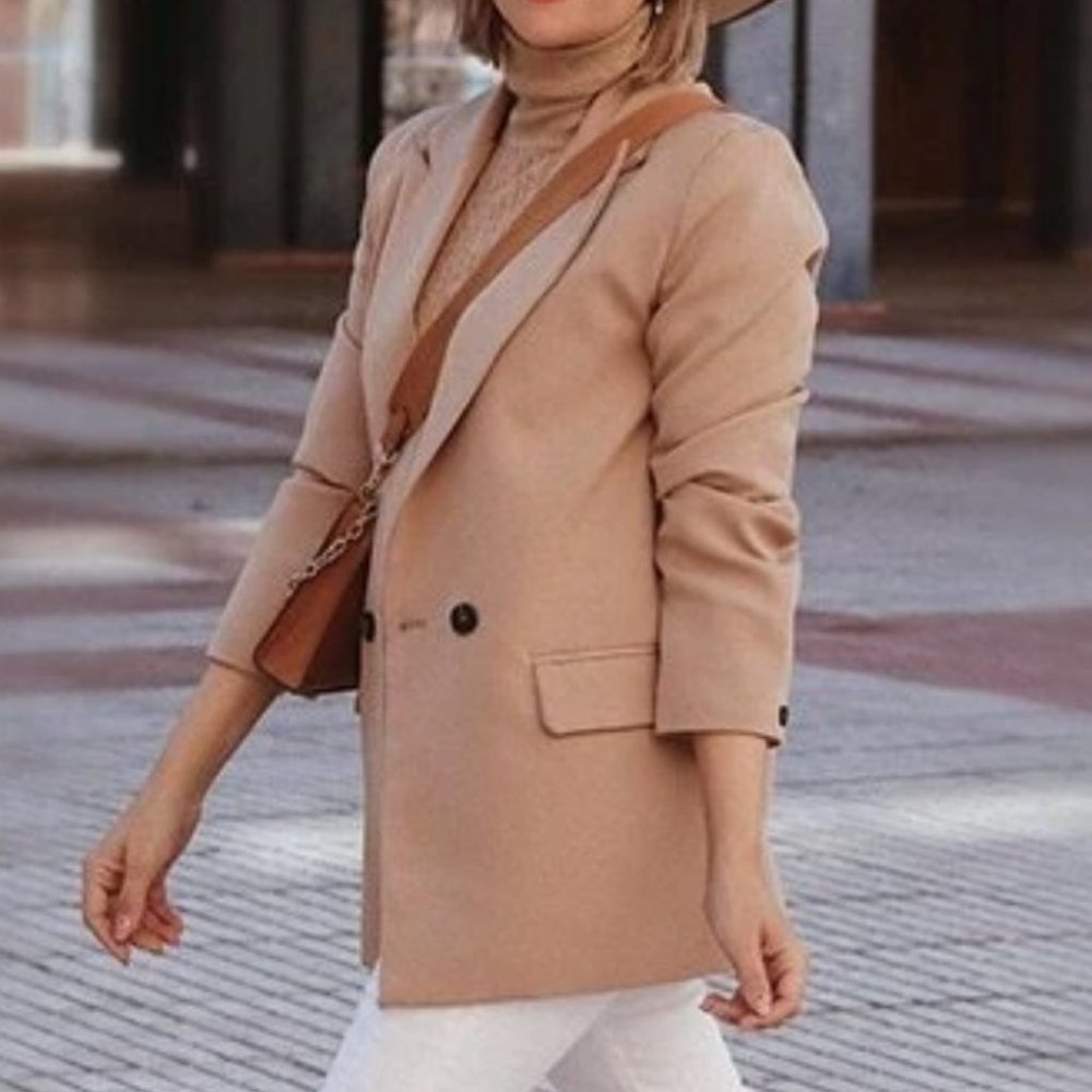 Classy go to Double Breasted Lapel Neck Blazer TAN - Picture 6 of 15